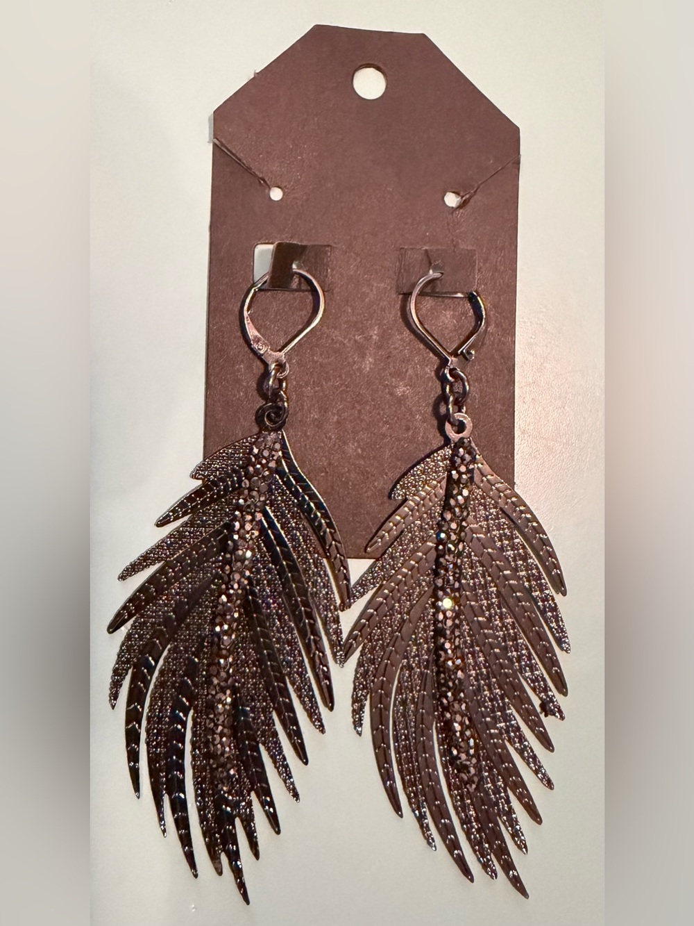 Crystal Embellished Feather Drop Earrings - Gunmetal Finish